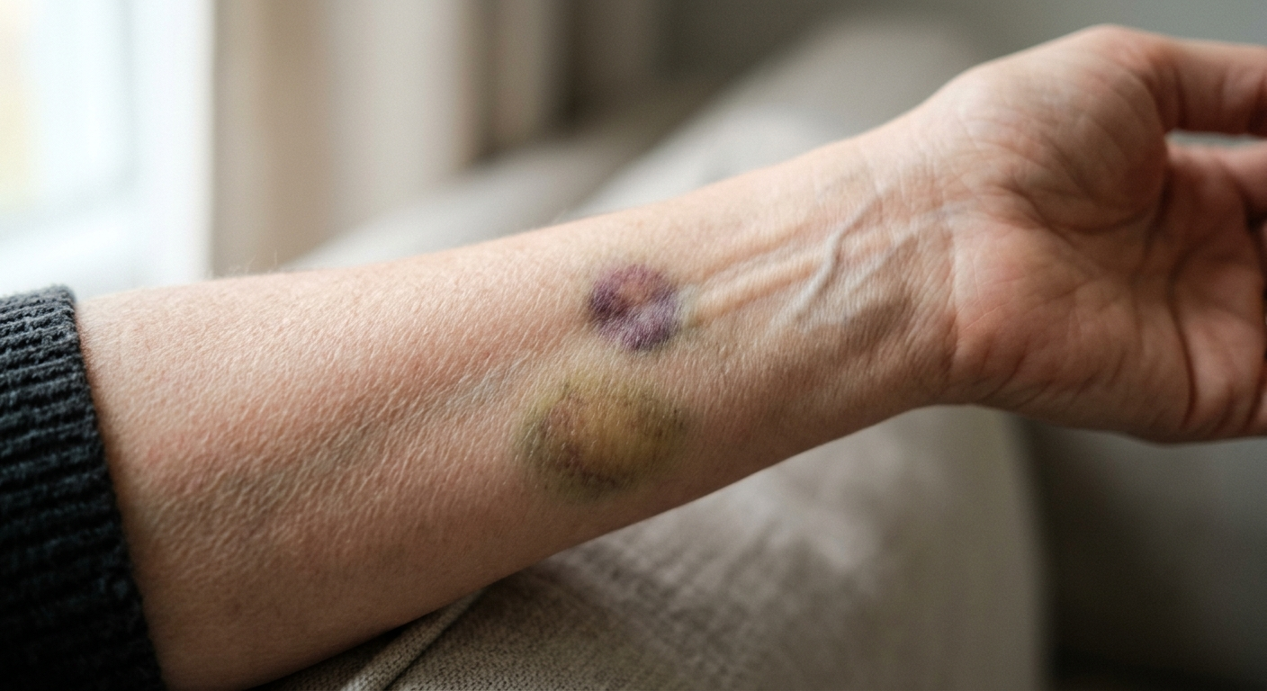Visible discoloration on mature forearm skin